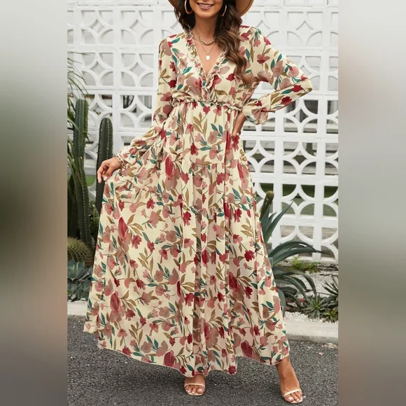 Retro Mix Floral Long Sleeve Ruffle Tiered Flowing V-neck Long Maxi Dress - Picture 8 of 10